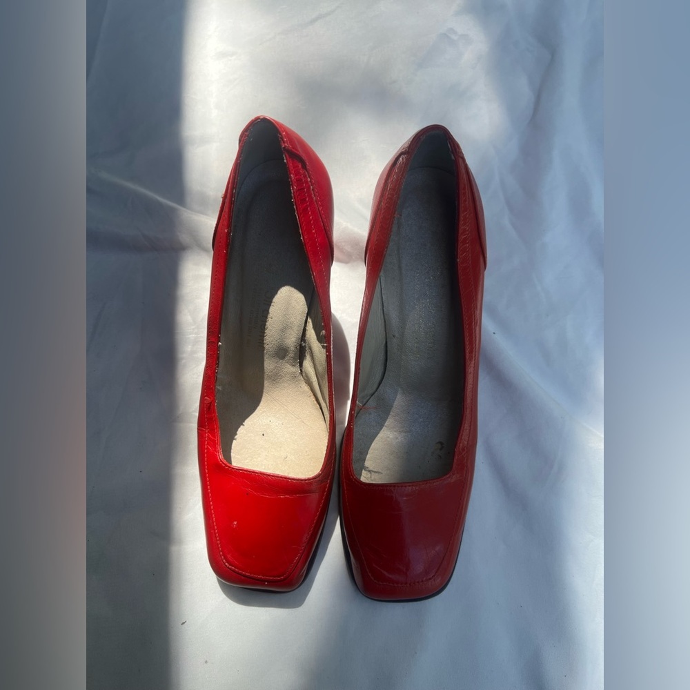 Red leather square toe mid heel pumps heels